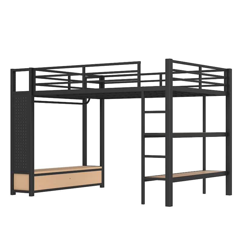 Queen/Full Size Loft Bed with Built-in Wardrobe, Storage Shelves & Pegboard - All-in-One Space Saver with Workspace