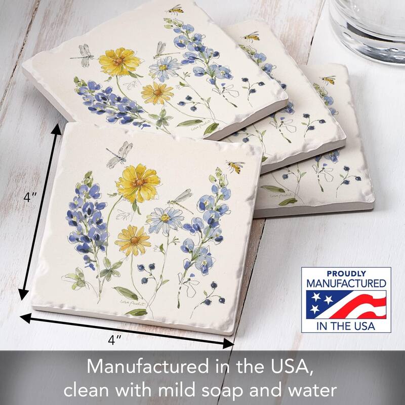 Lovely Blues 4 Pack Absorbent Stone Tumbled Tile Coasters with Protective Cork Backing Made in The USA, Absorbent, Wipes Clean