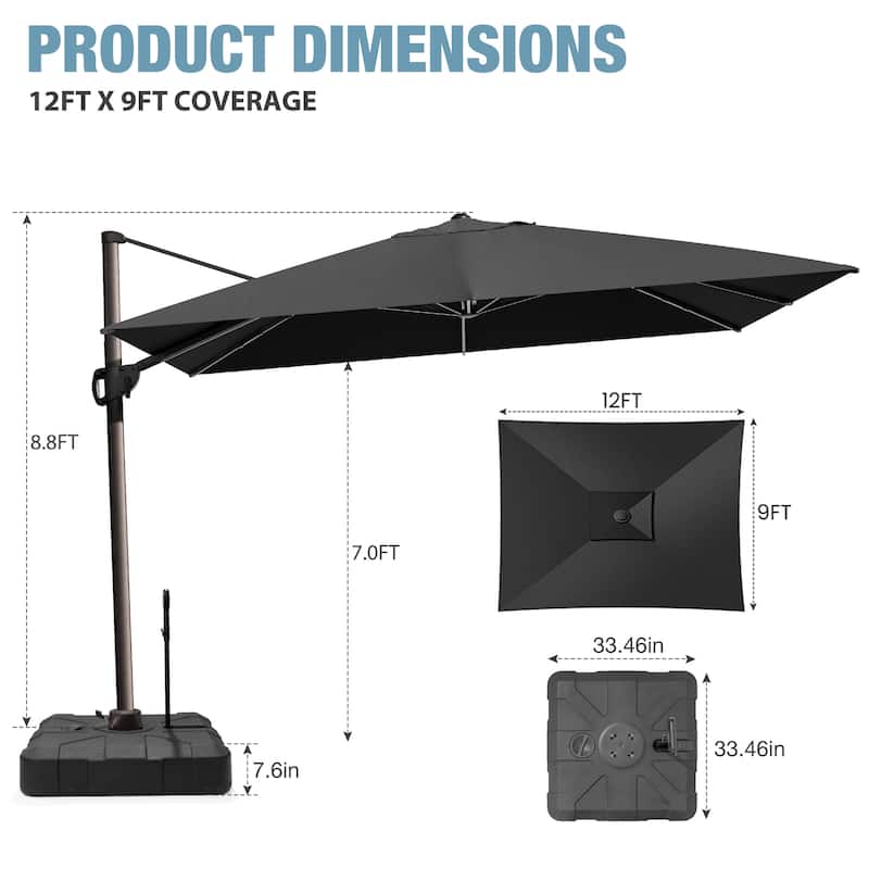 VredHom 9 x 12 FT Outdoor Patio Cantilever-Offset Umbrella with Wheel Rod Base
