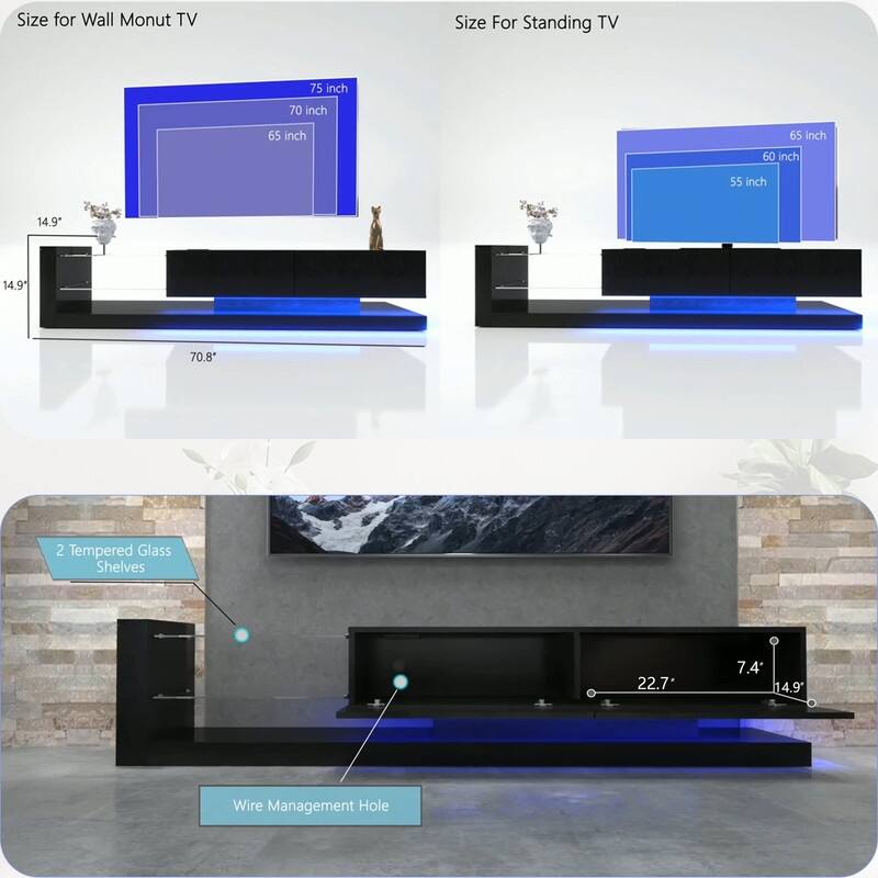 Modern RGB LED TV Stand with Storage Cabinets - 31 Color Modes, App & Remote Control, Built-in Power Outlets