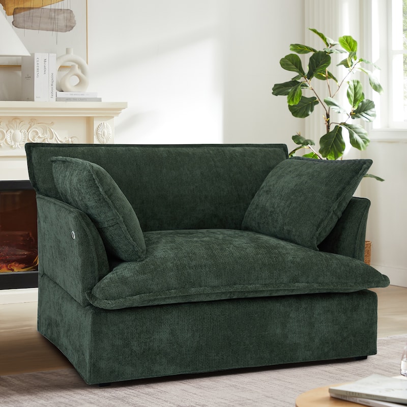 Chenille Armchair, Accent Chair with Dual-Port Charging and Throw Pillows, Modern Deep Wide Seat Design Cloud-Like Single Sofa - Green