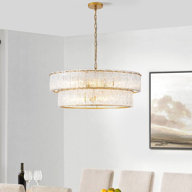 KAWOTI 2-Tiered Modern Glam Chandelier with Texcture Glass