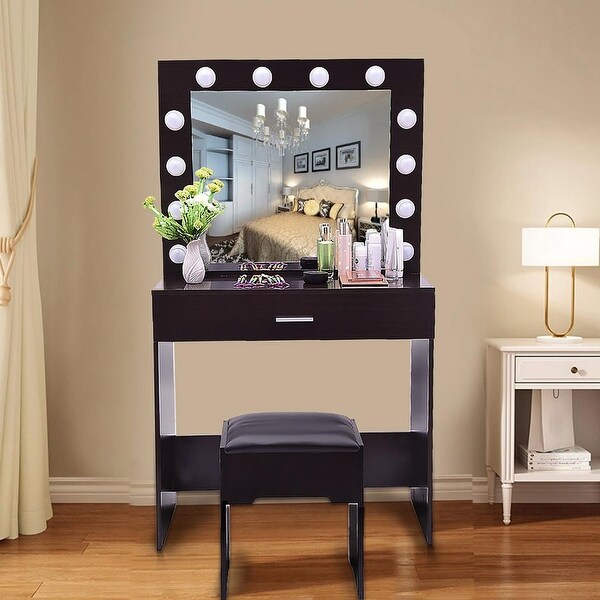 Vanity set with lighted mirror online cushioned stool dressing table makeup table