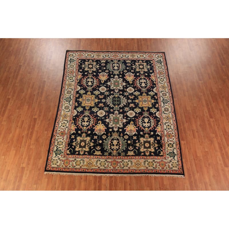 Navy Blue Geometric Oushak Indian Area Rug Handmade Wool Carpet - 8'0"x 10'1"
