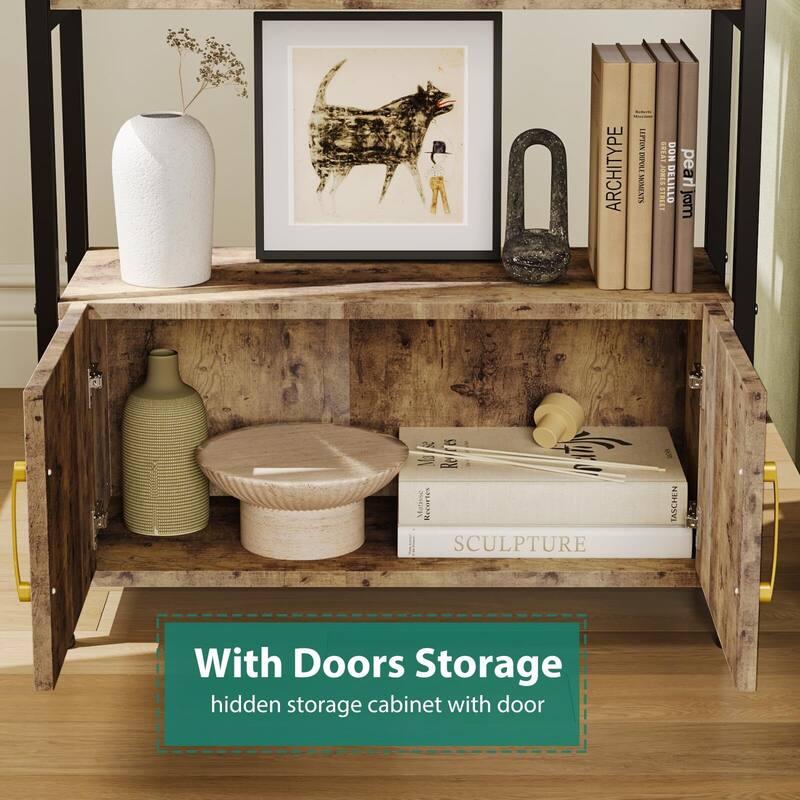 71.5 Inch Open Bookshelf with 2 Doors and 4 Shelves, Tall Standing Bookshelves Metal Frame Storage
