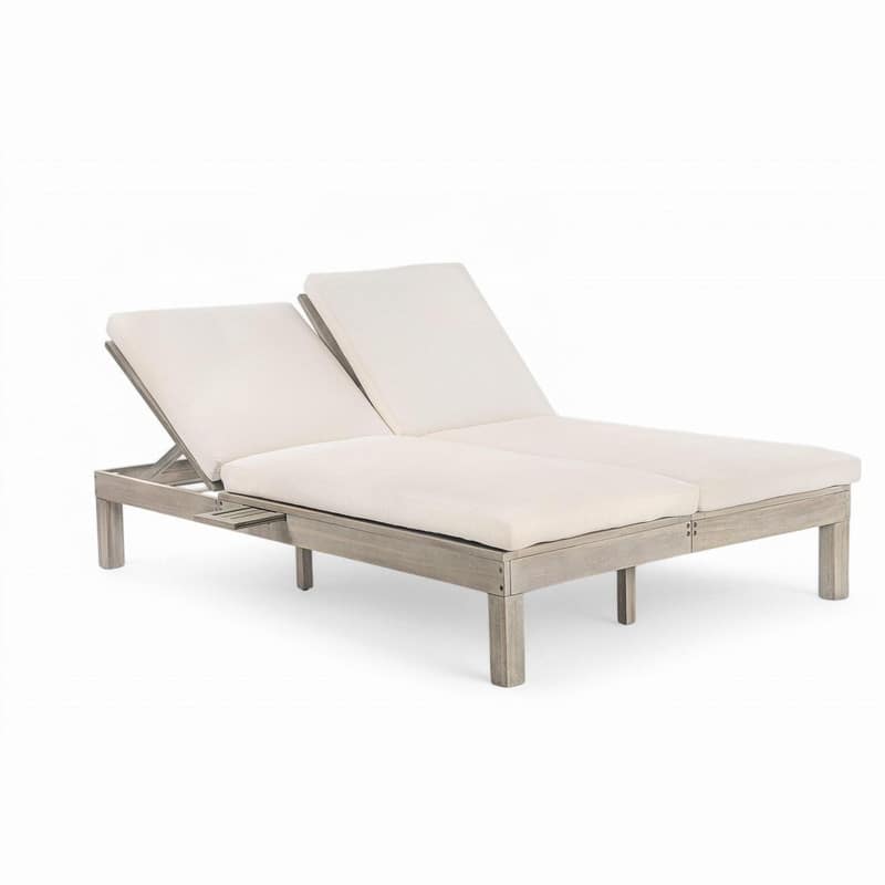 Acacia Wood Double Outdoor Chaise Lounge with 5-Position Adjustable Backrest