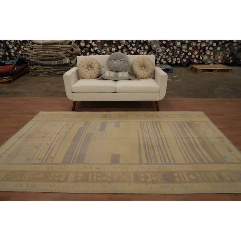 Hand Woven Oriental 100% Wool Carpet Southwestern Tribal Yellow & Gold Kilim Area Rug - 8' 11'' X 5' 10''