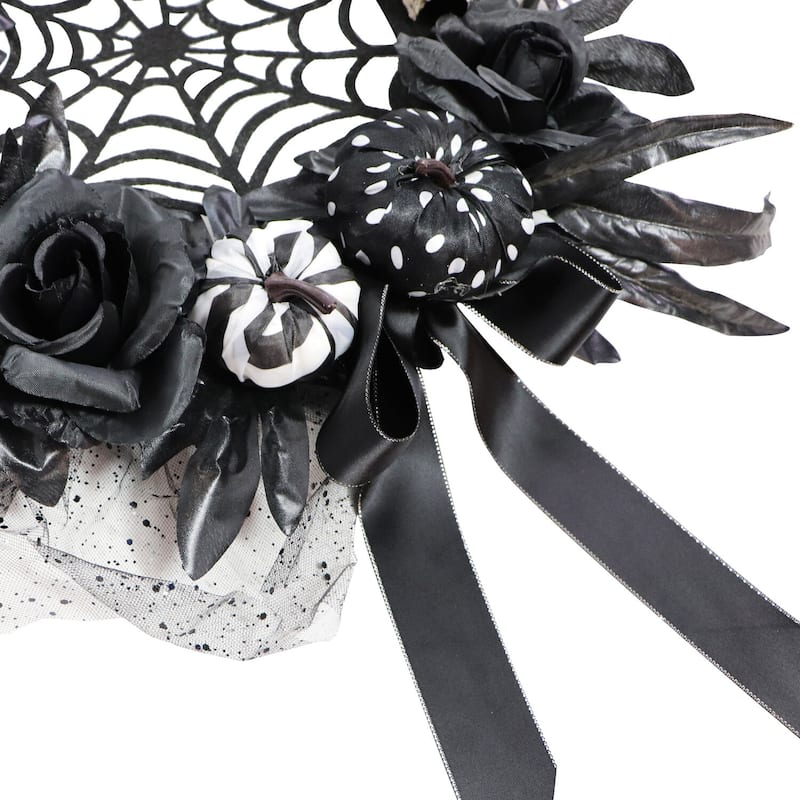 Haunted Hill Farm 15-In. Halloween Black and White Floral Wreath Pumpkins, Skulls, and Spiderweb for Haunted House Decoration