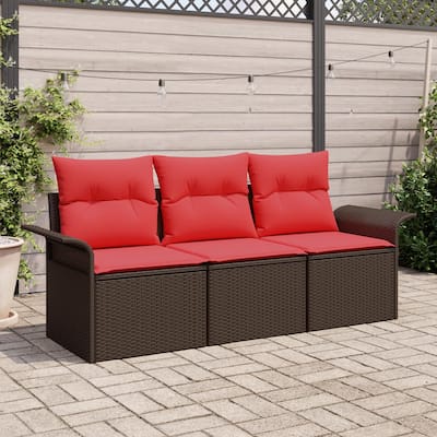 vidaXL 3-Seater Garden Sofa with Cushions Black/Brown/Grey Poly Rattan - 24.4 x 77.2 x 27.2