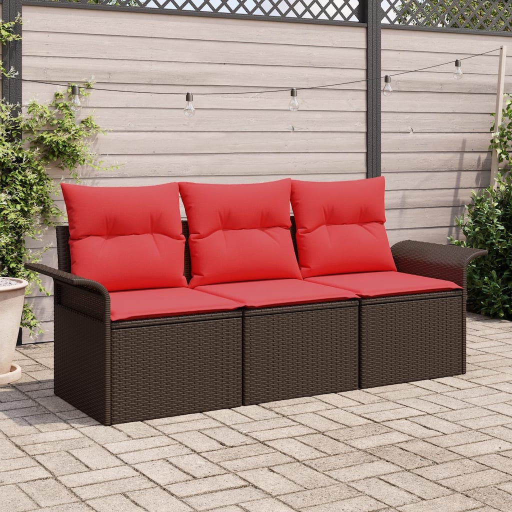 vidaXL 3-Seater Garden Sofa with Cushions Black/Brown/Grey Poly Rattan - 24.4 x 77.2 x 27.2