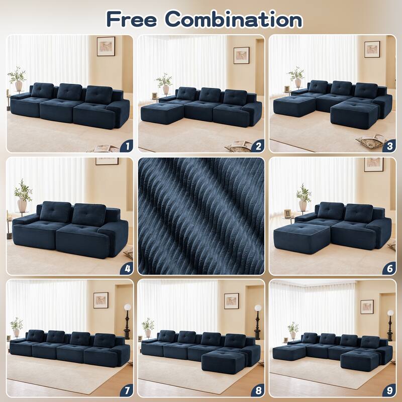 GDFStudio - Corduroy Modern 2-Seater 81.9" Cloud Modular Sectional Couch with Ottoman