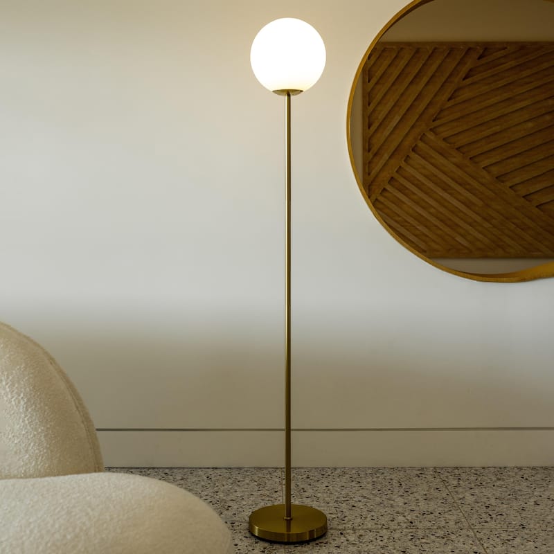 Brightech Luna 65 in. Antique Brass Modern LED Super Bright Floor Lamp with Frosted White Glass Globe Shade