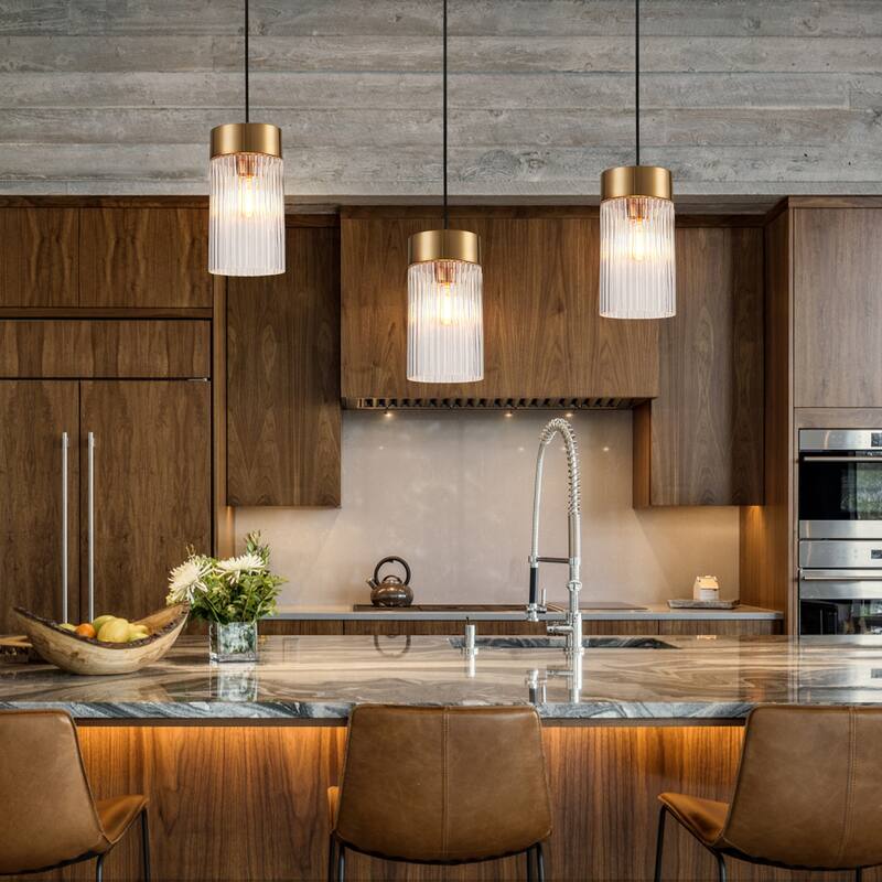 Industrial 1-Light Ribbed Glass Cylinder Pendant Light for Kitchen Island Dining Room - Gold