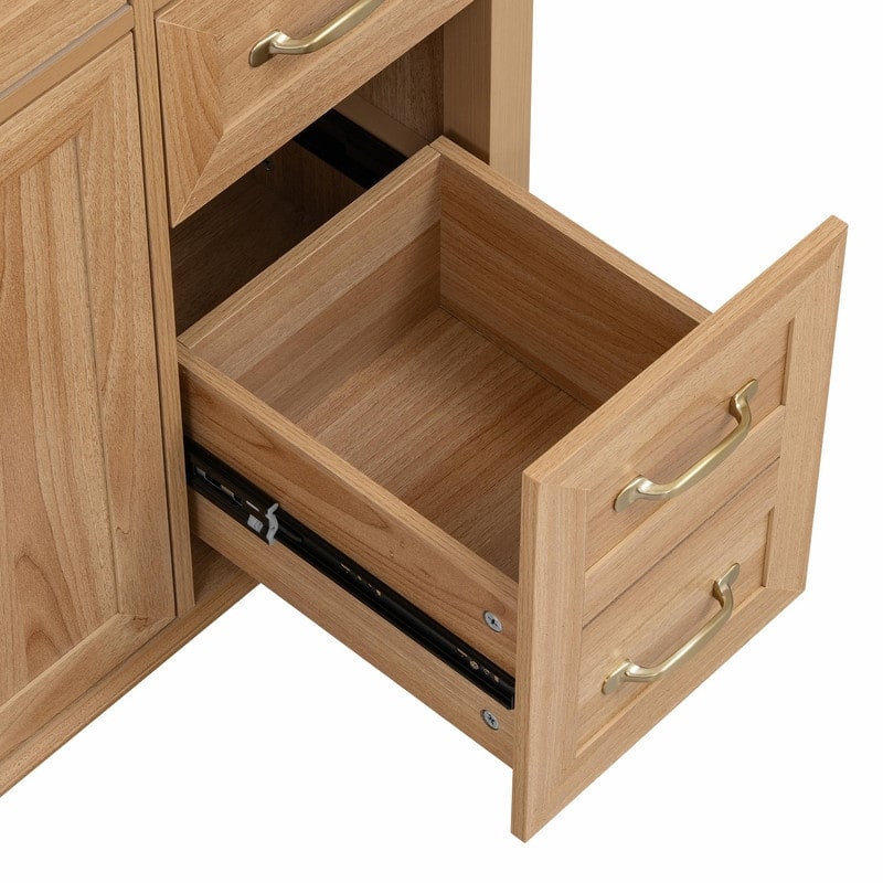 36 Inch Bathroom Vanity with Ceramic Sink, Modern Wood Grain Cabinet with Solid Rubberwood Legs, Soft-Close Doors & 4 Drawers