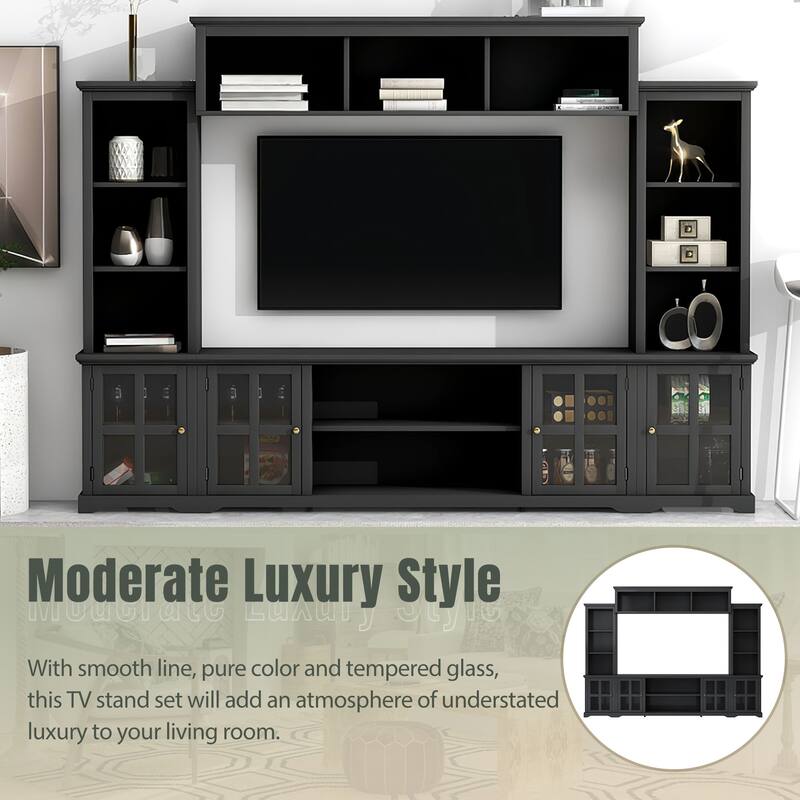Large Entertainment Wall Unit Set with Open Storage, Wood TV Stand for TV Up to 70", Large Media Console with Cabinet