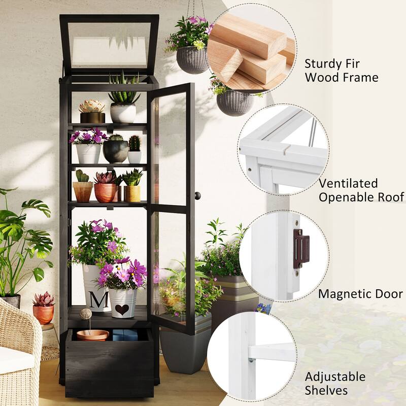 62.4inch Height Wood Garden Greenhouse Balcony Portable Mini Cold Frame with Movable Storage Box and Adjustable Shelves