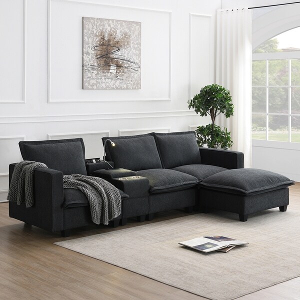 L Shaped Chaise Sectional Sofa with Ottoman and Console Grey