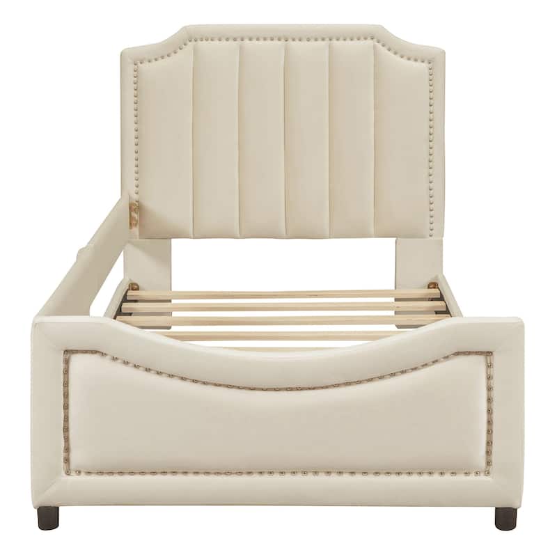 Twin Size Upholstered Daybed with Classic Stripe Shaped Headboard