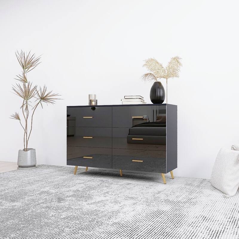High Gloss 6-Drawer Chest with Golden Handles & Steel Legs, Large Modern Dresser with Anti-Tip Design for Bedroom, Black