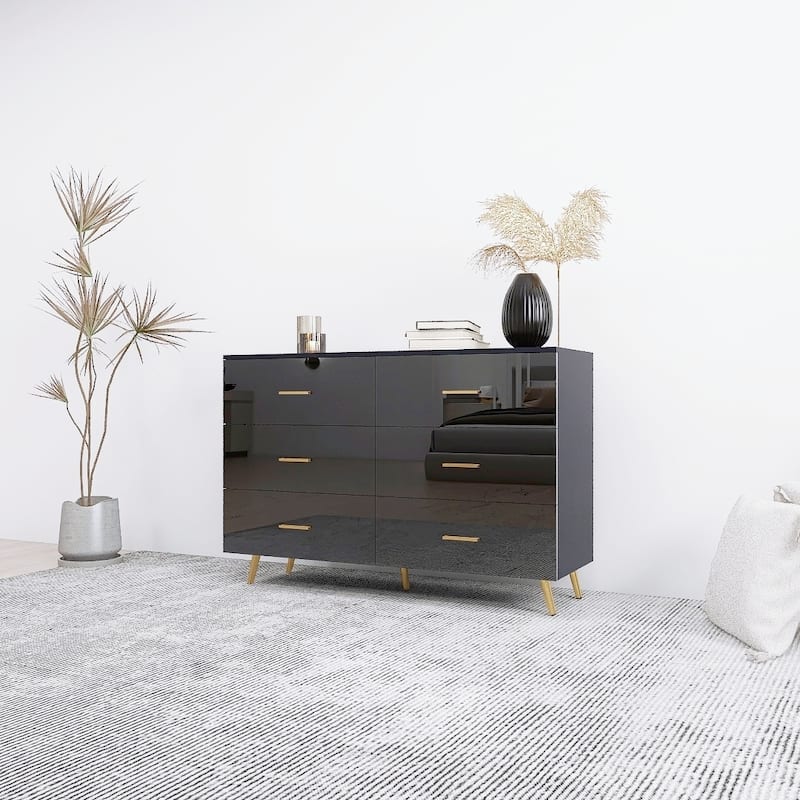 High Glossy Double Dresser with 6 Storage Drawers for Bedroom, Chest of Drawer Vanity with Golden Handle Legs