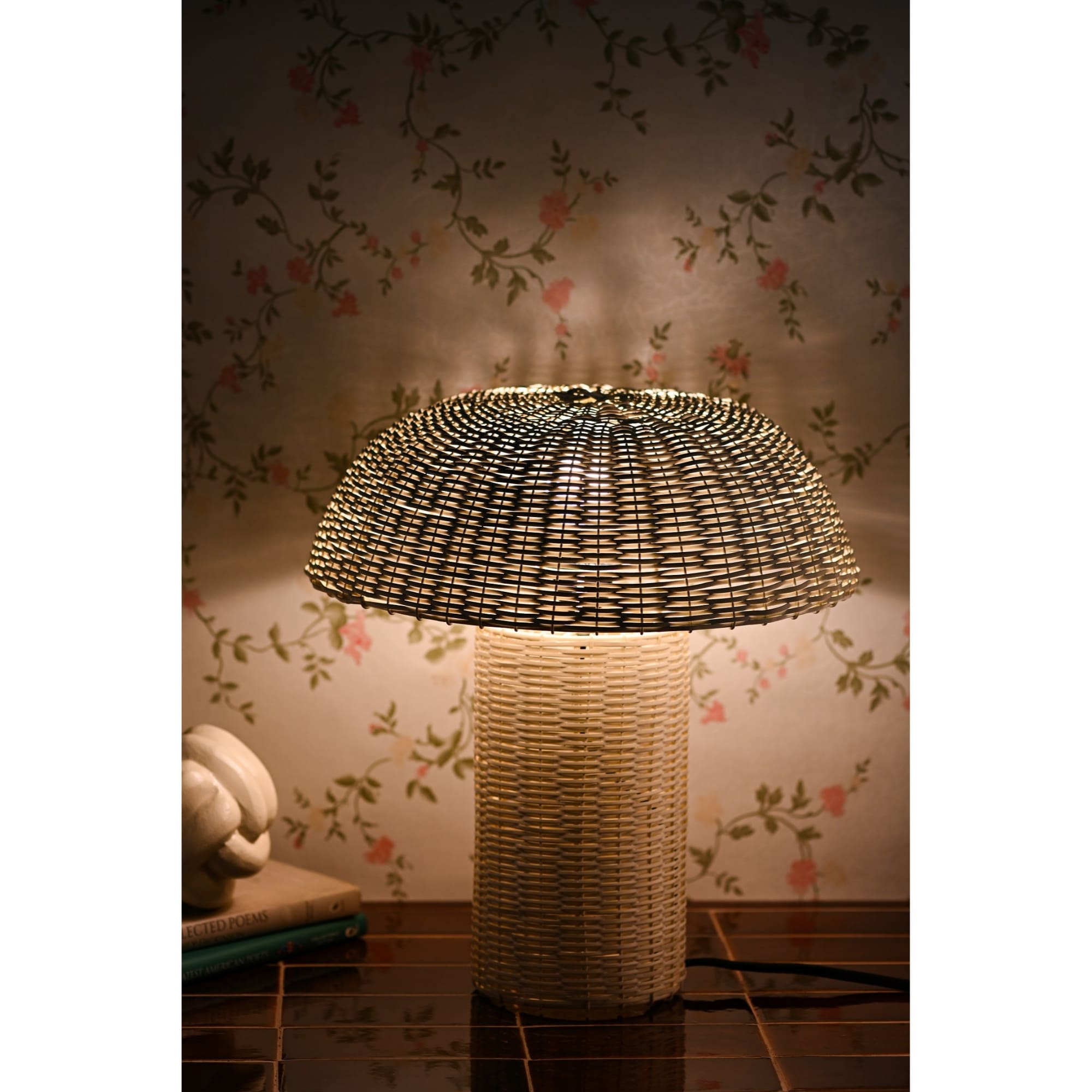 Small Hand Braided Rattan Table Lamp - 13.75" - White
