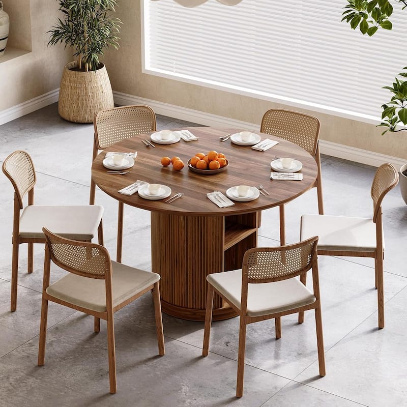 48-Inch Brown MDF 3-Tier Round Dining Table for 4-6, Farmhouse Kitchen Table with Storage Shelves