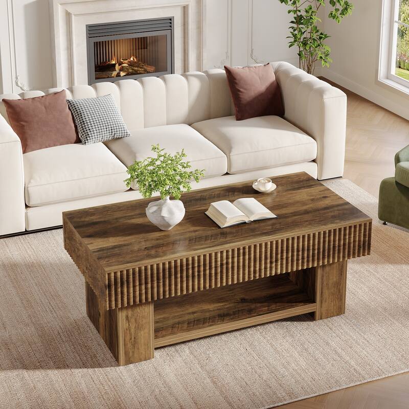 Large Wood Coffee Table with Storage, Farmhouse Rectangular Center Table with Open Shelf for Living Room