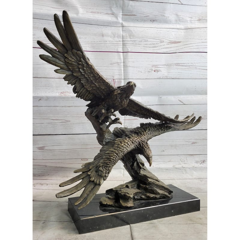Two Eagles In Flight Bronze Metal Sculpture Statue Eagle Figure On Marble Base