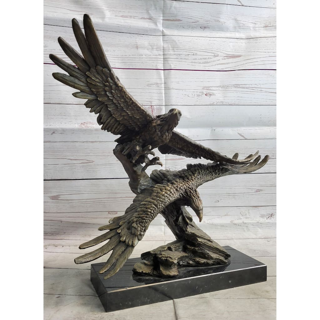 Two Eagles In Flight Bronze Metal Sculpture Statue Eagle Figure On Marble Base