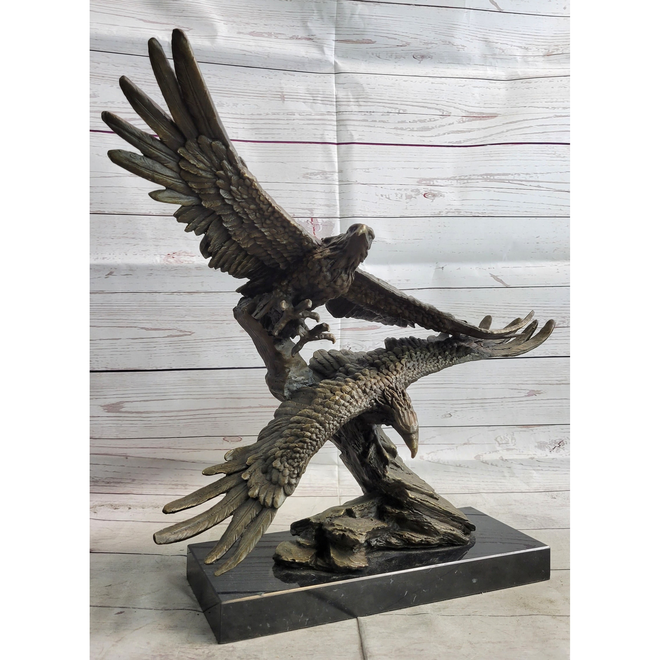 Two Eagles In Flight Bronze Metal Sculpture Statue Eagle Figure On Marble Base