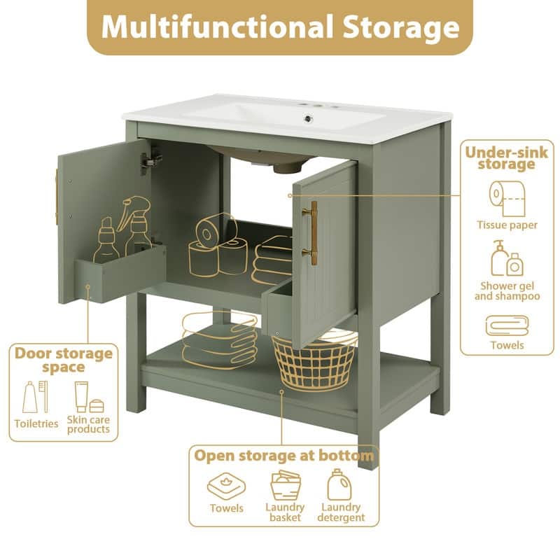 30-Inch Bathroom Vanity with Ceramic Sink and Versatile Storage