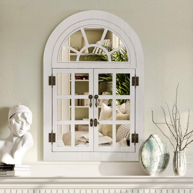 Arched Wood Framed Windowpane Accent Mirror Wall Mirror - 24x36 - White Washed