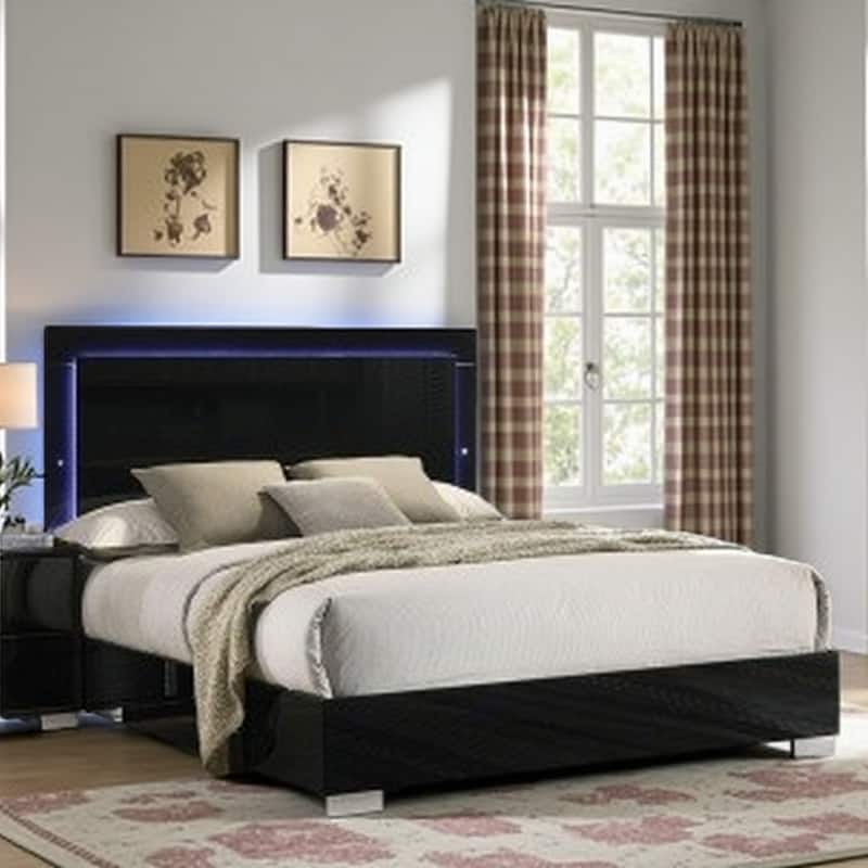 Queen Size Bed with LED-Illuminated Headboard, Sleek UV Finish, Chrome Legs and Vertical Handle Accents - Black - Queen