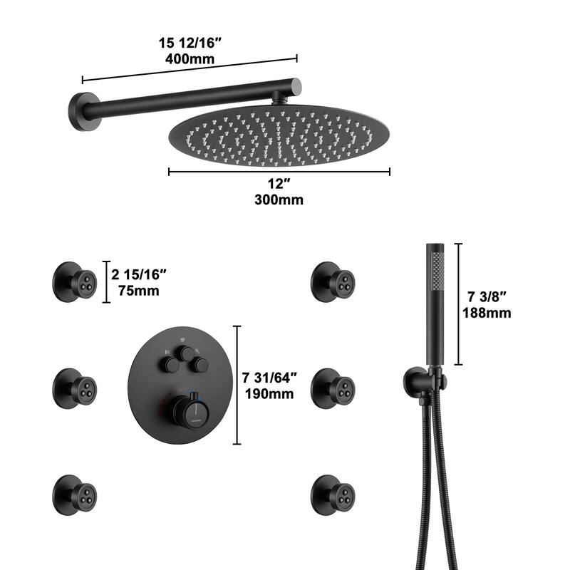 CASAINC 3-function Luxury Thermostatic Dual Shower Faucet Shower System with 6 Body Spray Jets