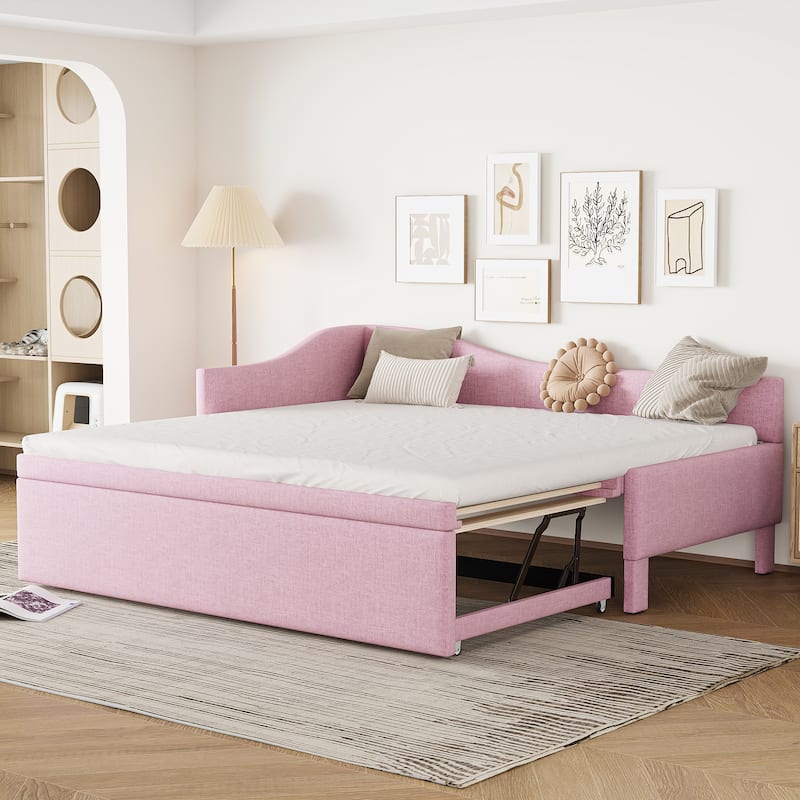 L-Shaped Backrest Platform Bed, Twin to King Extendable Daybed, Linen Upholstered Low Profile Panel Bed with Pop Up Trundle