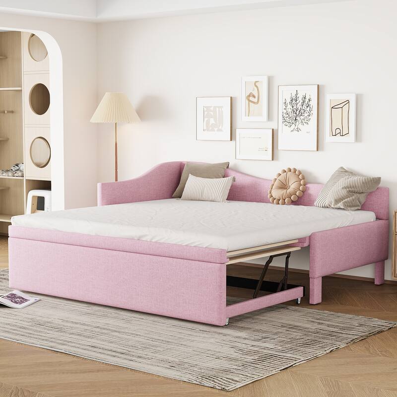 Upholstered L-Shaped Daybed with Pop Up Trundle,Perfect for Multiple Rooms - Pink