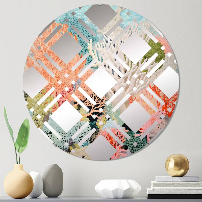 Designart "Colorful Coral And Anemones Scenery I" Coastal Coral Peach Nautical & Coastal Wall Mirror For Hallway - 24in.x24in.