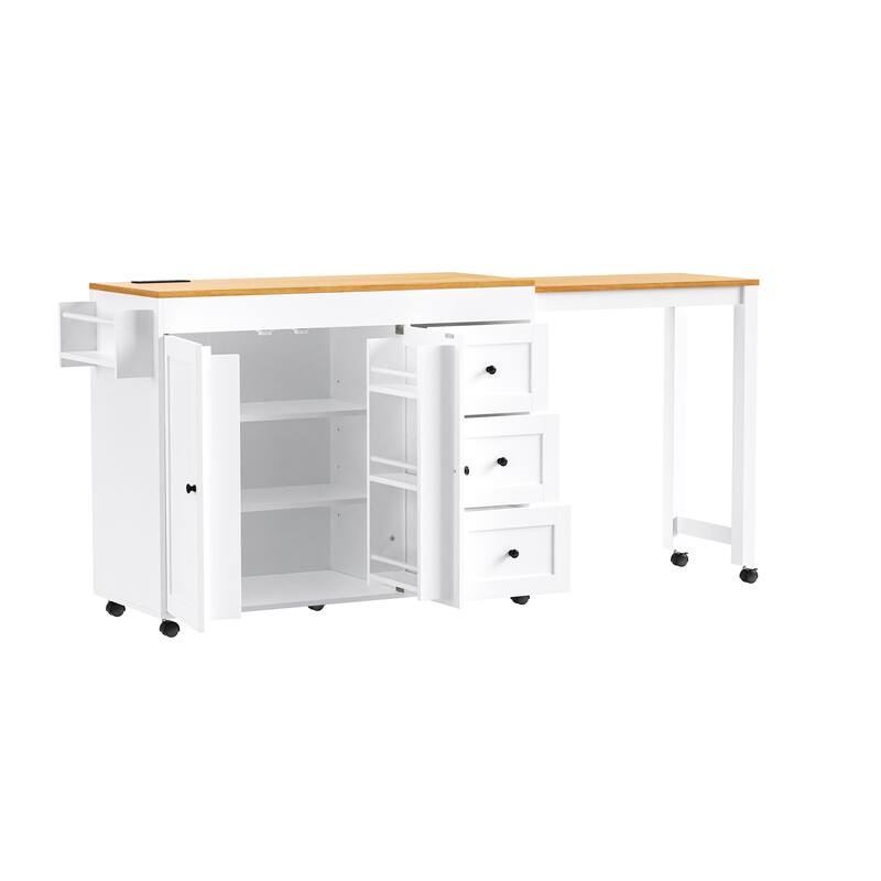 Extendable Dining Table, Rolling Kitchen Island with Power Outlet, Kitchen Storage Cabinet with Adjustable Shelve