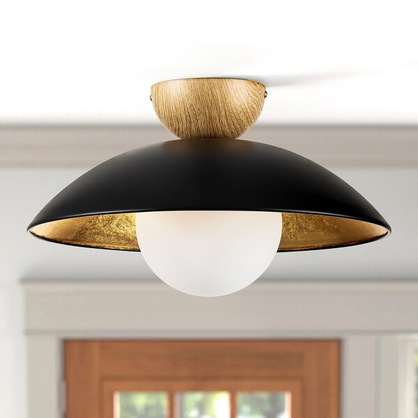 14.5 in. 1 Light Wood Gold Leaf Dome Semi Flush Mount Light with Opal Glass Globe 14.5 in. W x 8.2 in. H On Sale Bed Bath Beyond 38403714