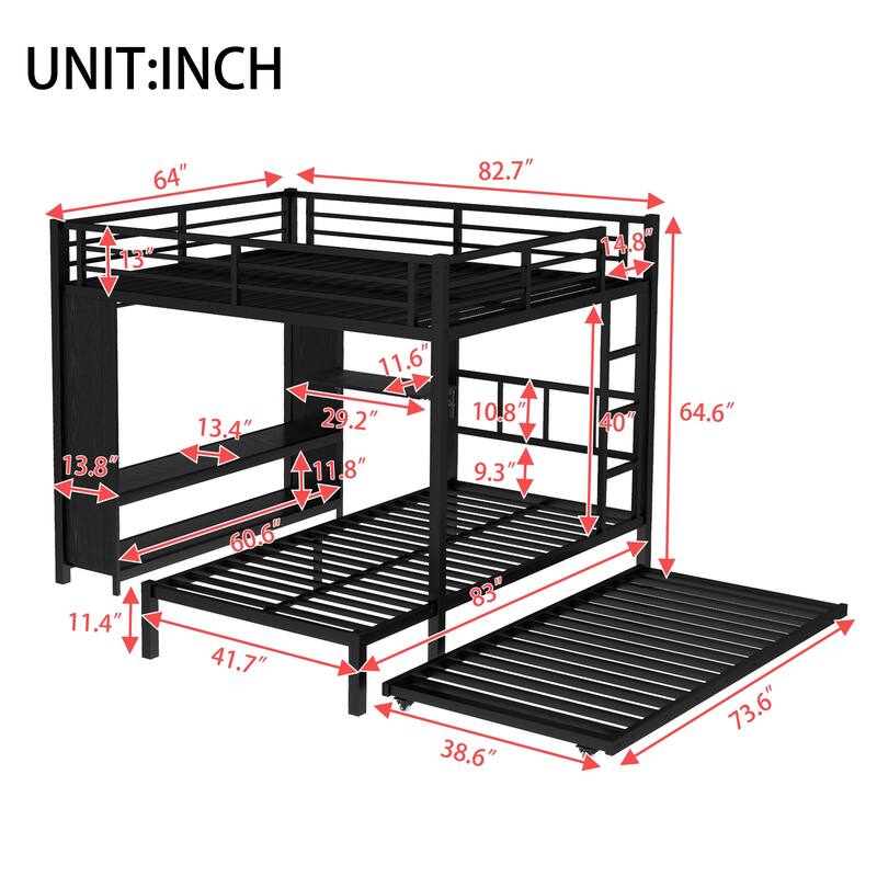 Roomfitters Twin/Full/Queen Metal Bunk Bed with Built-in Wardrobe, Trundle & Foldable Desk, Noise-Reduced Design, Black