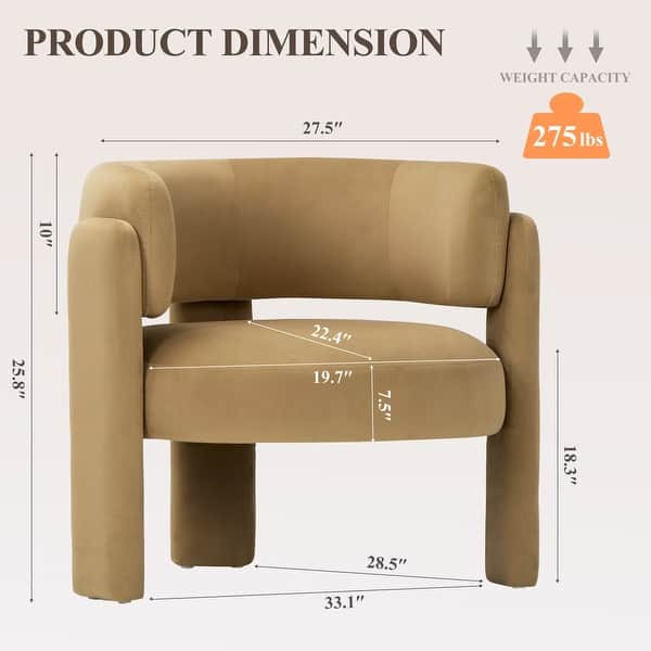 dimension image slide 2 of 4, 3-Leg Accent Chair Plush Velvet Upholstery Modern Lounge Armchair