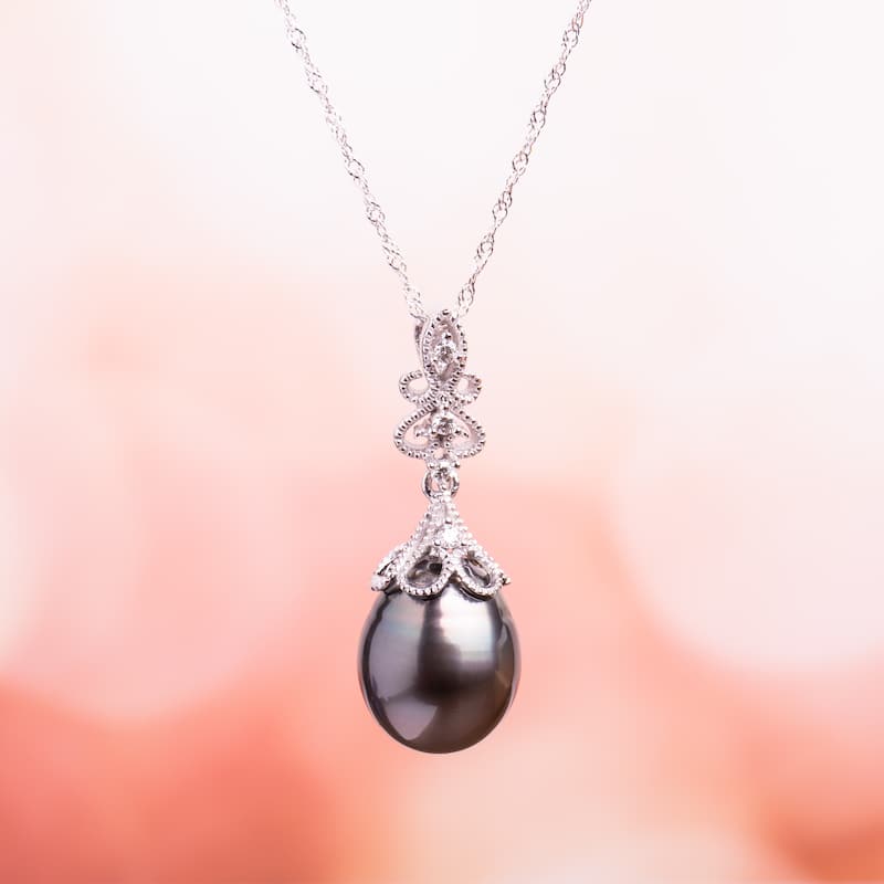 Miadora 14k White Gold Black Tahitian Pearl and Diamond Accent Filigree Drop Necklace (9-9.5 mm)