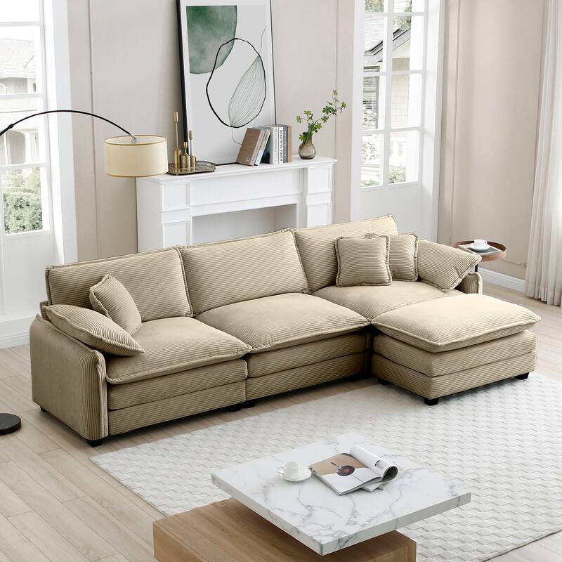 4-piece Corduroy Upholstered L-Shaped Modular Sectional Sofa with Removable Ottoman, 5 Pillows, and Free Combination - Tan