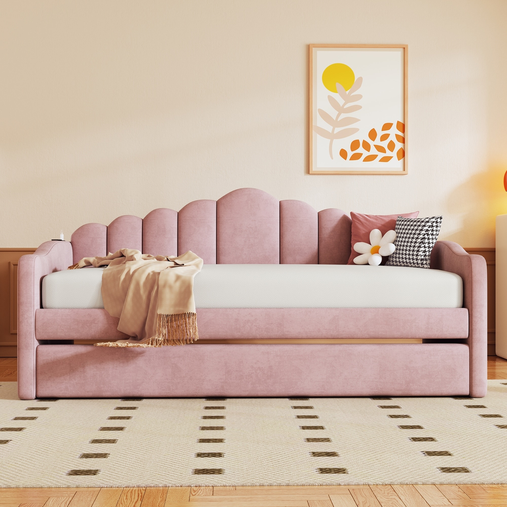 Pink upholstered outlet daybed with trundle
