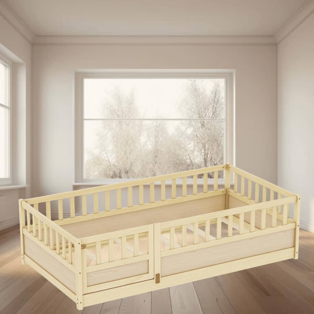 Twin Size Montessori Platform Floor Bed with High Security Barrier, Wooden Fenced Design for Kids, Safe and Comfortable