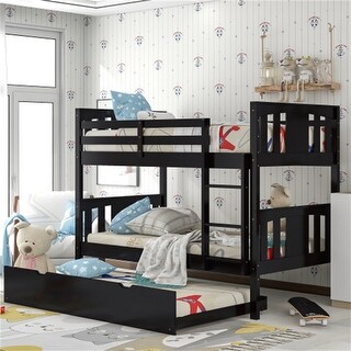 Espresso Twin over Twin Wooden Bunk Bed With Ladder and Trundle - Bed ...