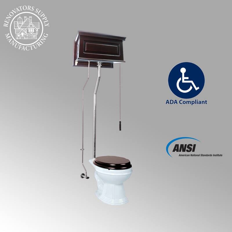 High Tank Toilet - Dark Oak Raised Tank, White Elongated Ceramic Bowl and Chrome L Pipes Renovators Supply