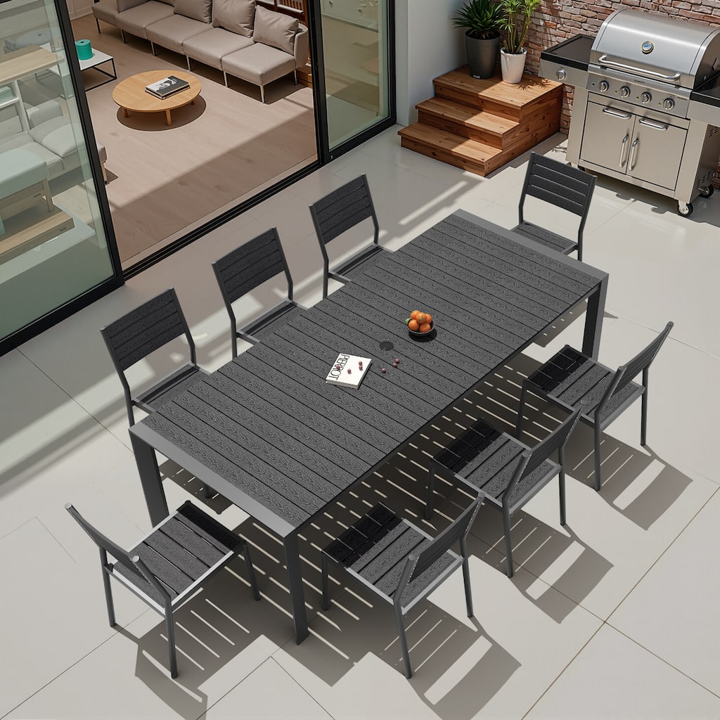 9-Piece Outdoor Patio Dining Set Wood Like Table Top Aluminum Rectangular Umbrella Hole Table with Stackable Dining Chairs
