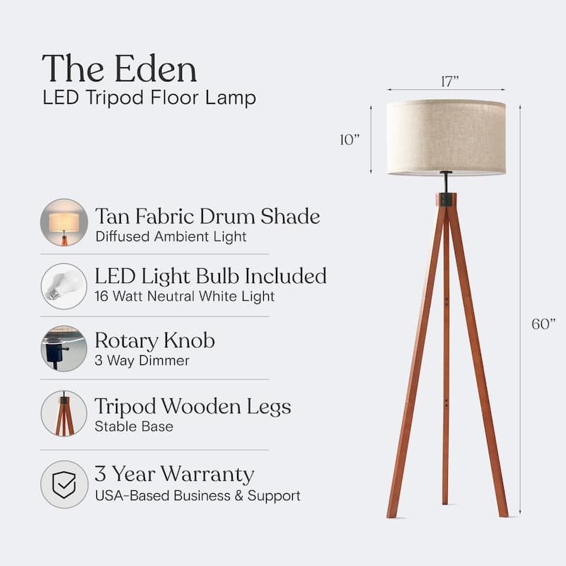 Brightech Eden 58 in. Traditional 3-Way Dimming LED Tripod Floor Lamp with Beige Fabric Drum Shade