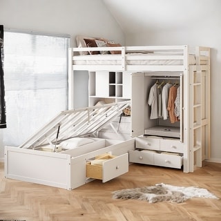 Twin Hydraulic Bunk Bed with Drawers, Wardrobe, Storage Cabinets